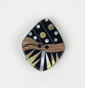 Button: Resin Modern Art Inlay Black with shell & wood accents. STYLES VARY 32mm Diamond shape