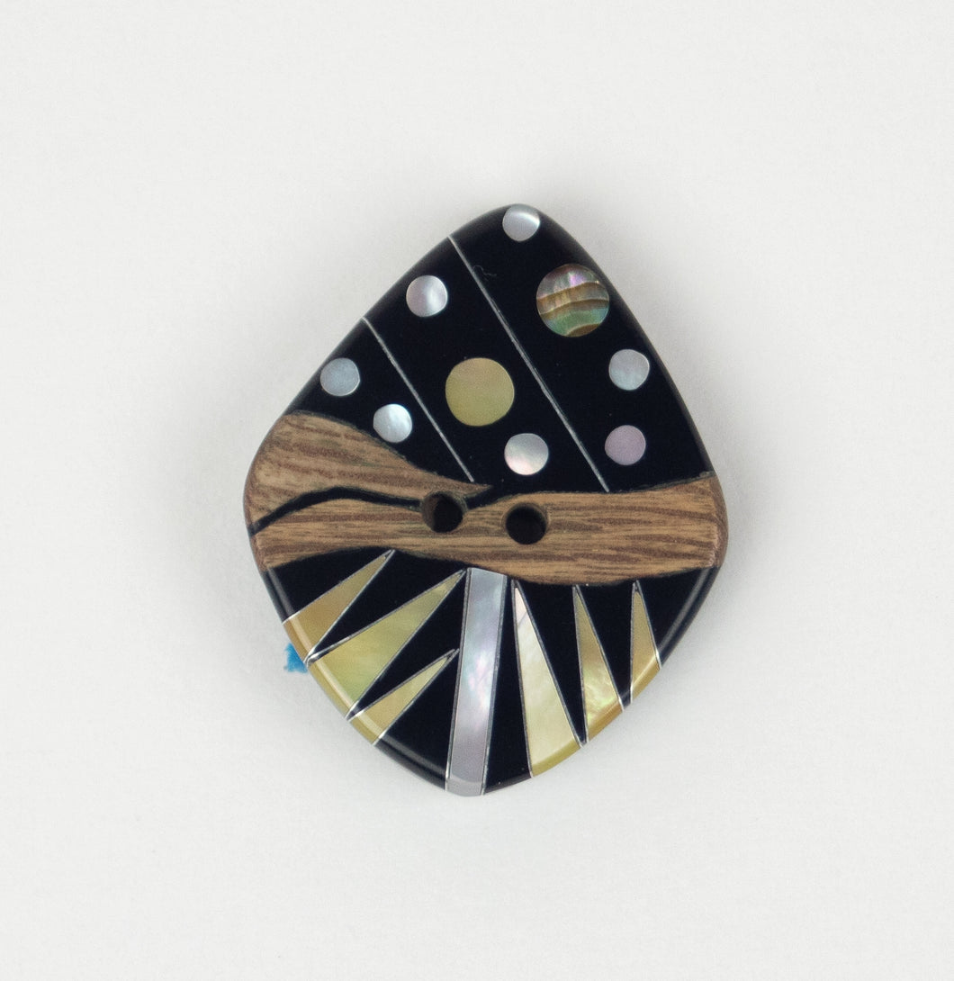 Button: Resin Modern Art Inlay Black with shell & wood accents. STYLES VARY 32mm Diamond shape