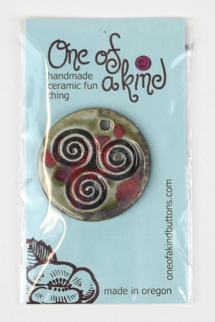 Ceramic Pendant - One Of A Kind - Round Olive/Red Celtic Triskelion
