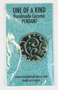 Ceramic Pendant - One Of A Kind - Round Deep Olive Scrolls