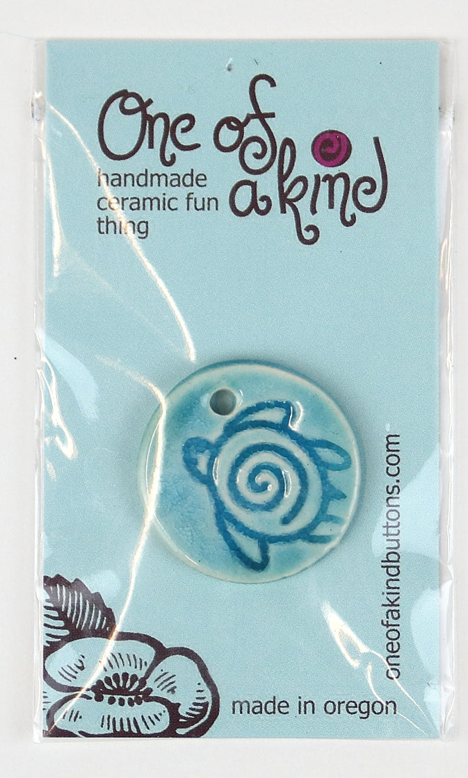 Ceramic Pendant - One Of A Kind - Round Turquoise Sea Turtle