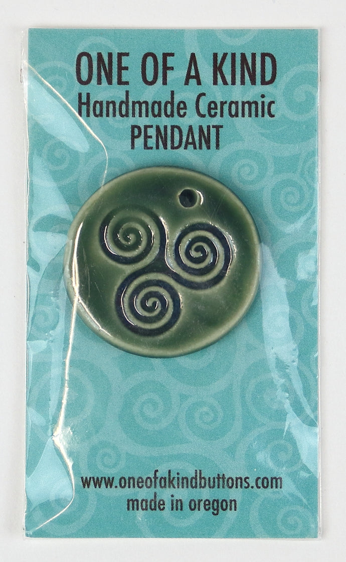 Ceramic Pendant - One Of A Kind - Round Olive Celtic Triskelion