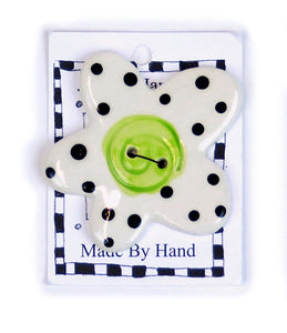 Button: Hand Made Ceramic Novelty - Flower white w/black dots green center Large