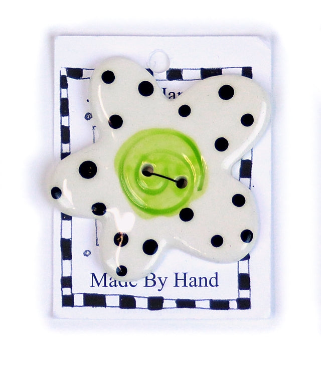 Button: Hand Made Ceramic Novelty - Flower white w/black dots