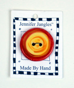 Button: Hand Made Ceramic Novelty - Round Yellow w/Orange/Red circlesLarge