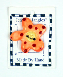 Button: Hand Made Ceramic Novelty - Flower Lt Orange w/Red dots and yellow center small