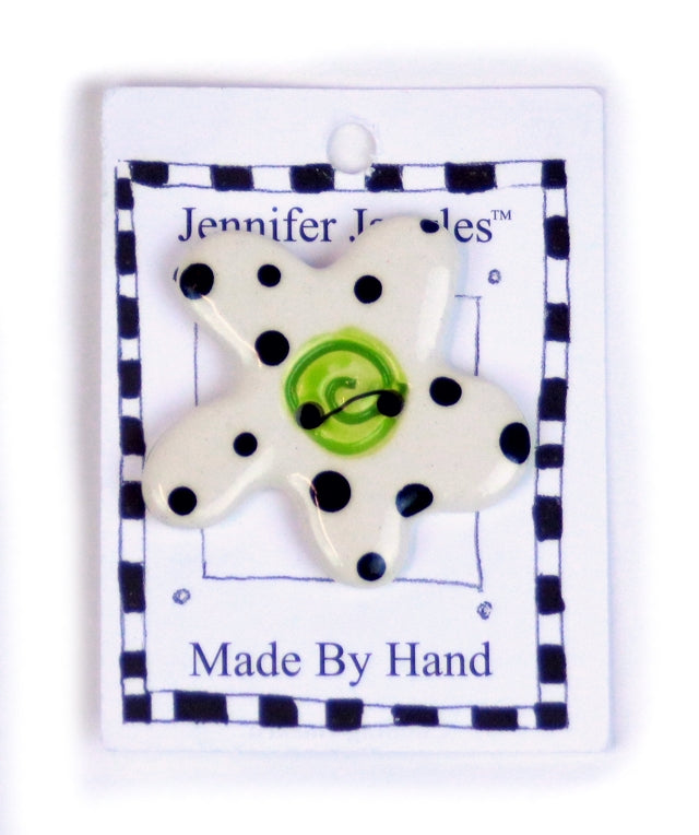 Button: Hand Made Ceramic Novelty - Flower white w/black dots green center small
