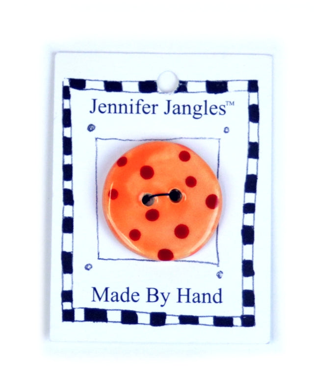 Button: Hand Made Ceramic Novelty - Round Orange w/Red dots small