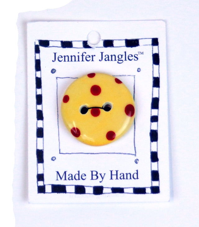 Button: Hand Made Ceramic Novelty - Round Yellow w/red dots small